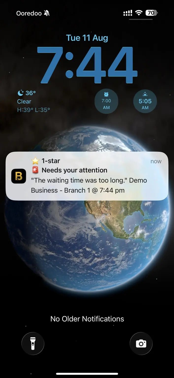 BoostCard push notification showing a one-star customer comment that needs attention