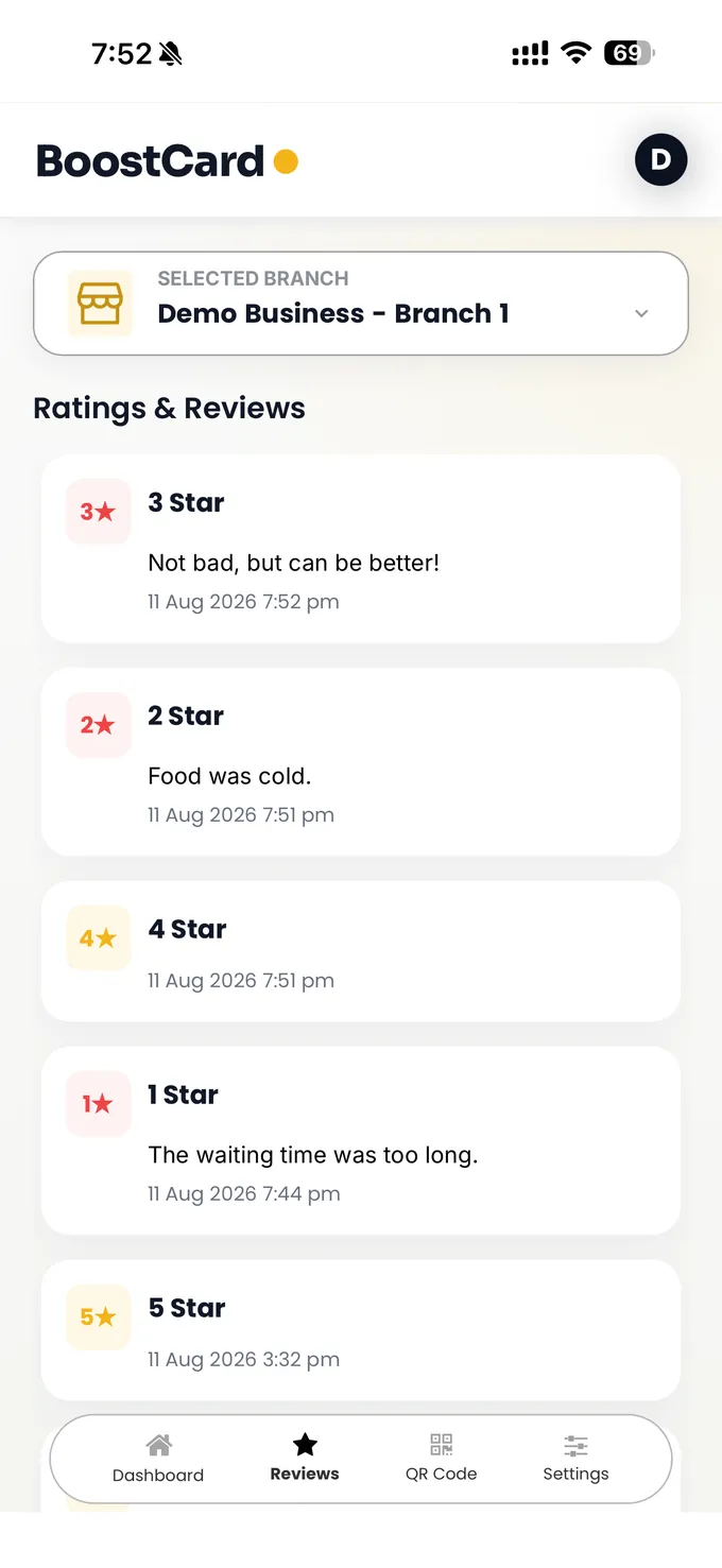 BoostCard ratings and reviews screen showing customer comments and ratings